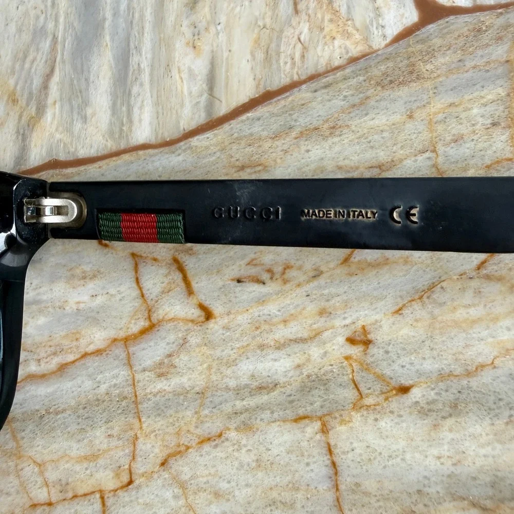 Gucci Black Rectangular Sunglasses Made in Italy‎ with Green Red Stripe Detail